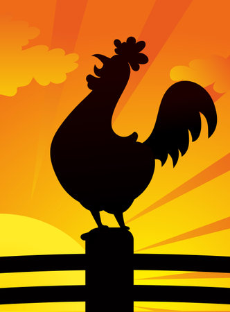 Rooster on the fence at sunrise. Vector illustration. Eps 10.のイラスト素材