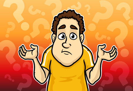 Illustration of a man in a yellow t-shirt with question marksのイラスト素材