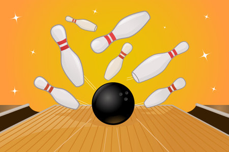Bowling ball and skittles on the bowling alley. Vector illustrationのイラスト素材