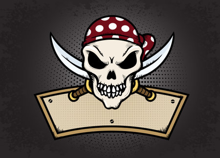 Pirate Skull in a bandana with a banner. Vector illustration.のイラスト素材
