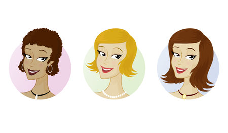 Beautiful women with different hairstyles. Set of three vector illustrations.のイラスト素材