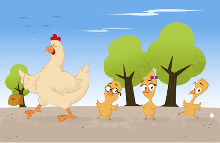Chicken family, hen walking together with chicken vector illustrationのイラスト素材