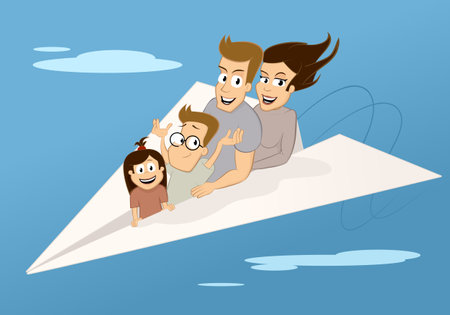 Travel concept. Happy family on paper plane. Vector illustration of a cartoon family.のイラスト素材