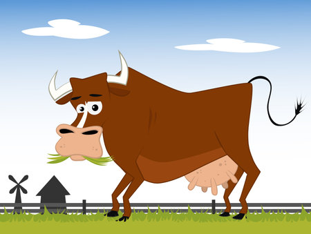 Funny cow eating grass with windmill in the background, vector illustration.のイラスト素材