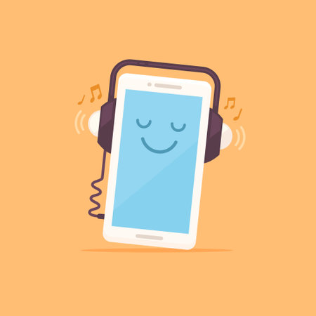Smartphone with headphones listening to music. Flat design vector illustration.のイラスト素材