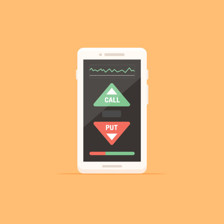 Smartphone with trading binary options, call and put buttons. Vector flat illustrationのイラスト素材