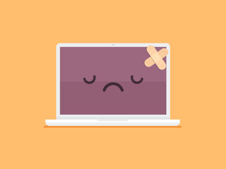 Laptop with sad face and adhesive bandage. Vector illustration in flat styleのイラスト素材