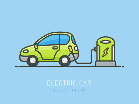 Electric car charging station flat line icon. Vector illustration for web and mobile designのイラスト素材