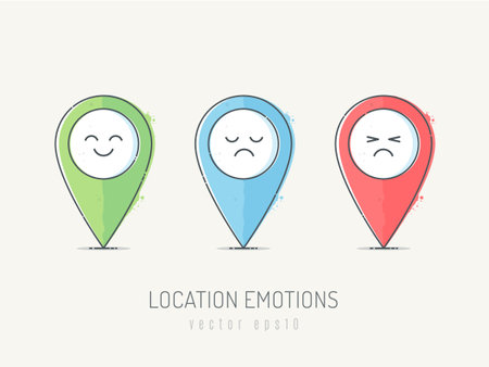Set of colored map pointers with sad, angry and sad faces. Vector illustration.のイラスト素材