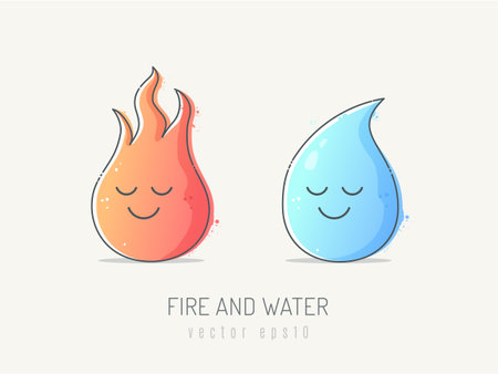 Fire ball and water drop cartoon mascot characters vector illustration in scribble line art style with pastel colorsのイラスト素材