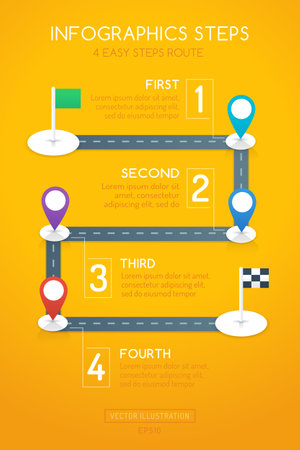 Infographics design with start, and finish goal flags. Infographic shows route steps on the road with differently colored location markers. Graphic design in flat style.のイラスト素材