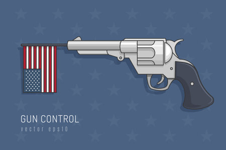 United states gun control concept. Revolver pistol firing flag of the United States of America vector illustration.のイラスト素材