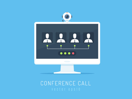 White computer monitor with web camera showing people silhouettes in conference call vector illustration in flat styleのイラスト素材