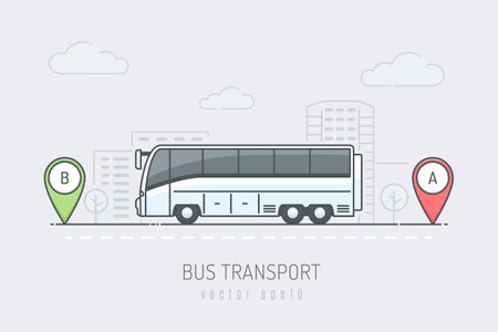 White bus vehicle traveling route with red and green location marker in the city . Vector illustration in line art drawing styleのイラスト素材