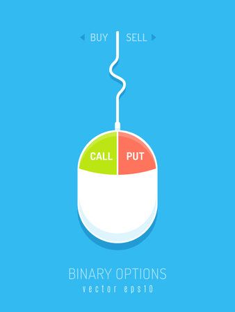 White mouse device with call and put buttons. Binary options concept for buy and sell. Vector illustration in flat styleのイラスト素材
