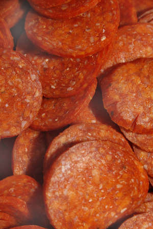close up image of sliced pepperoni meatの写真素材