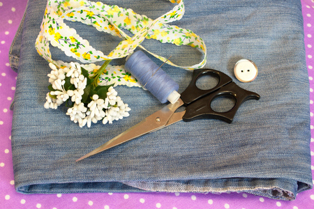 Jeans, tape, stamens, thread, needle and scissors - what to make from old jeans, set
