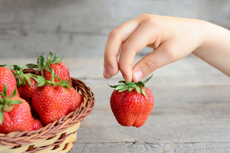 Child takes a strawberry from a basket. Small child holds a strawberry in hand. Healthy summer food for children. Fresh ripe strawberries in a basket. Vintage wood background. Closeupの写真素材