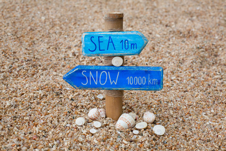wooden handmade signpost on the beachの写真素材