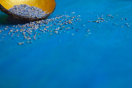 Lavender seeds in handmade coconut bowl decorate with gold from the inside and scattered lavender seeds on blue wooden background. Focus on lavender seeds. Space for text.の写真素材