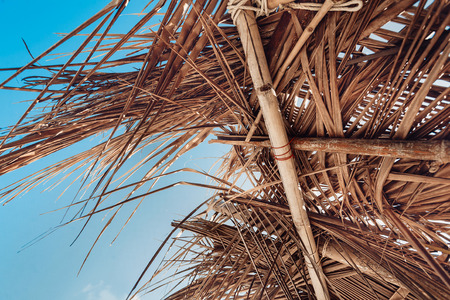 close up of hovel made of palm leaves on beachの写真素材