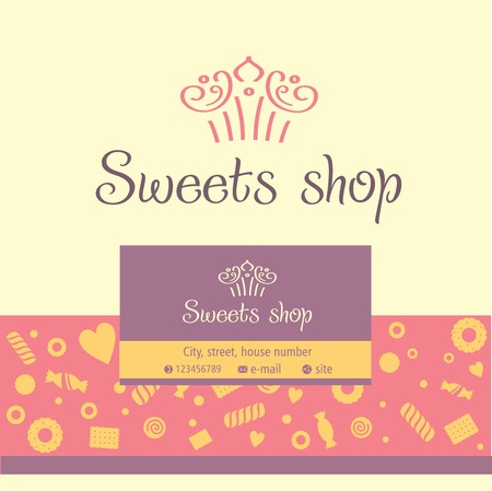 Vector logo, business card for a candy store. Background of sladstey cookies, candyのイラスト素材