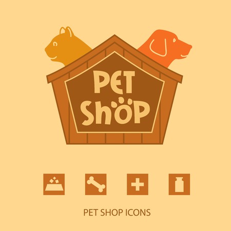 Logo with animals for pet shop. Cat and dog in the house. Vector logo,  label. Pet shop icons.のイラスト素材