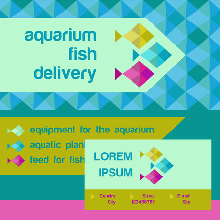 Vector logo and identification. Shop aquarium fish. Accessories and feed for aquariums.Blue geometric texture.のイラスト素材