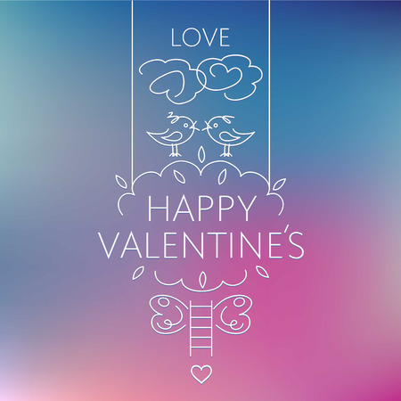 Happy valentine day card. Birds on the crown of a tree, kiss the clouds, staircase. Valentine label.のイラスト素材