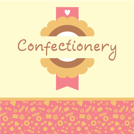 Vector icon and background. Pattern of sweets. Cookies with chocolate, cake, ribbon. Pink, brown and beige shades.のイラスト素材