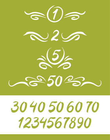 Set of numbers, written by a brush, with decor elements. A set of the lines drawn with a brush. Design of yubileny date, dekoratiny number of the page.のイラスト素材