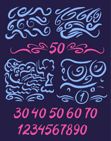 Set of numbers, written by a brush, with decor elements. Design of yubileny date, dekoratiny number of the page.のイラスト素材