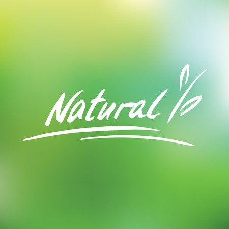 Handwritten vector logo. Natural. Plant. Green blurred backgroundのイラスト素材