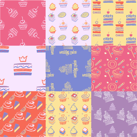Set of seamless patterns, cakes, sweets, cupcakes. Pink, purple, peach. The pattern for wallpaper, texture, paper, web design, wrapping paper.Advertising sweets and confectionery.のイラスト素材