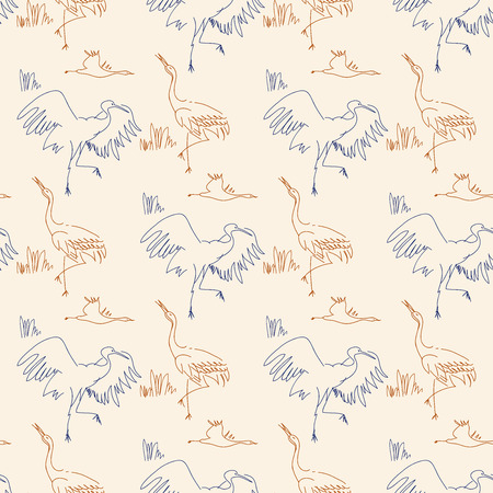 Seamless pattern with birds. Herons, sketch, draw by hand. Contour line.のイラスト素材