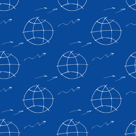 Seamless pattern with hand-drawn element planet, arrow.Blue background for business, global idea.のイラスト素材