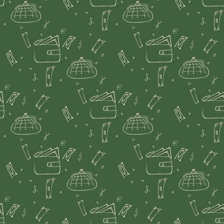 Seamless pattern with a purse and money on a green background. Contour graphics design.のイラスト素材