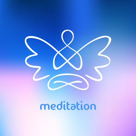 Vector symbol of yoga, meditation, spirituality. Angel. Blurred background and the silhouette of a man with wings.のイラスト素材