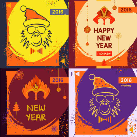 Set colorful mask christmas monkey. Hand drawn mask for happy new year. Chinese zodiac 2016. Child party.のイラスト素材