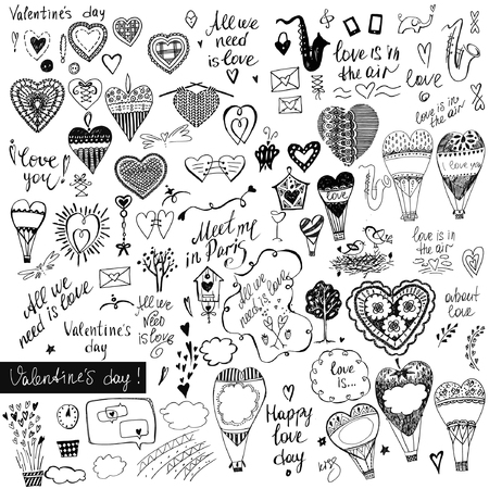 A big set of handdrawn style design elements for Valentine Day, wedding and love party.のイラスト素材