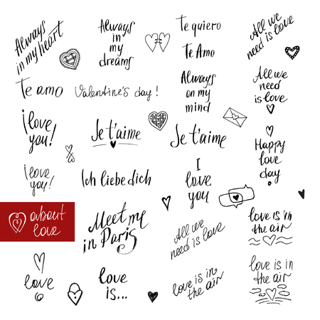 About love lettering collection. Handdrawn typography. I love you in English, French, Italian, German. Quotes about love on Valentine Day.Declaration of love.のイラスト素材