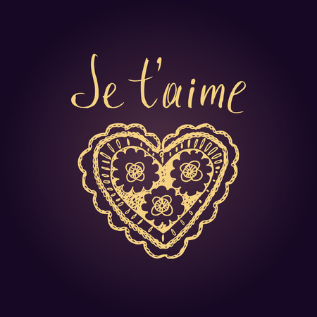 Declaration of love in French. Openwork heart, drawn by hand. Lettering. I love you.のイラスト素材