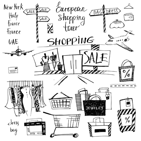 set of hand-drawn for shopping and travel. Discounts, shopping tours to Europe.のイラスト素材