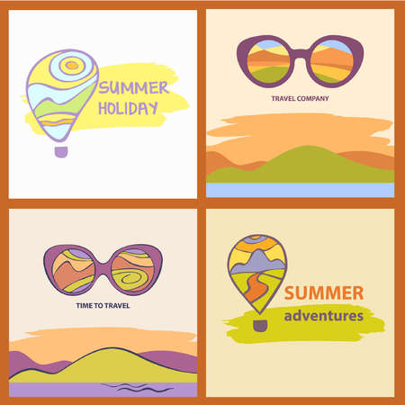 Vector sunglasses with reflection summer landscape with sea and mountains.   Tourism. Vector  travel company. Summer Adventures. Balloon and mountain landscape.のイラスト素材