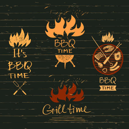 Set vector lettering hand drawn  with fire for barbecue party. Illustration with sparks of fire for grill time party.  Print restaurant menu, posters, banner.のイラスト素材