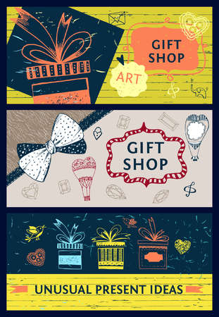 Set of banners for gift shop. Unusual ideas presents store. Color vector background for web design.のイラスト素材
