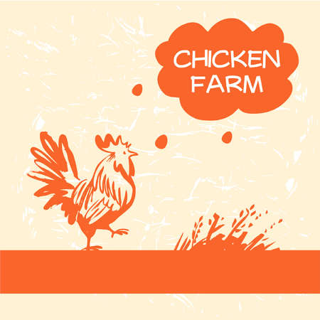 Vector  . Chicken and hen farm. Products from chicken meat and eggs. Hand drawn silhouette illustration rooster orange color.のイラスト素材