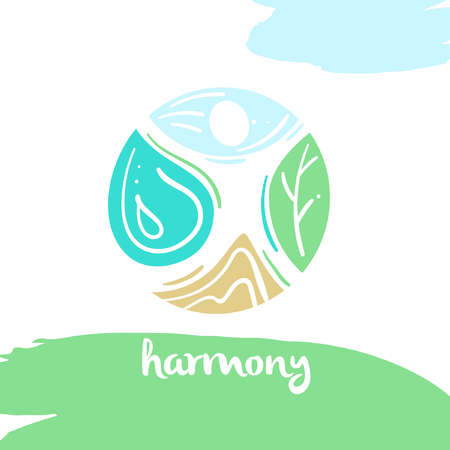 harmony, four nature element, high mountain, blue sky, clean water, green tree. Illustration for eco-friendly technologies and clean energy environmental organization.のイラスト素材