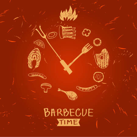 Vector lettering hand drawn icon with fire for barbecue party. Illustration with sparks of fire for grill time party.  Print restaurant menu, posters, banner. Time for  barbecue.のイラスト素材