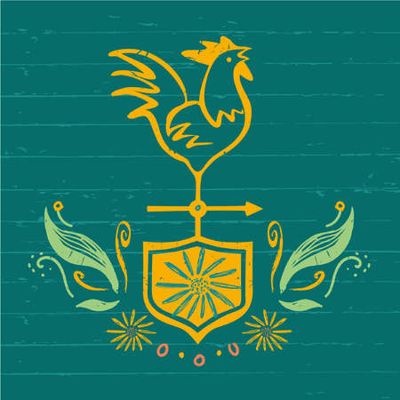 Vector  . Chicken farm. Products from chicken meat and eggs. Hand drawn silhouette illustration rooster on shield.のイラスト素材
